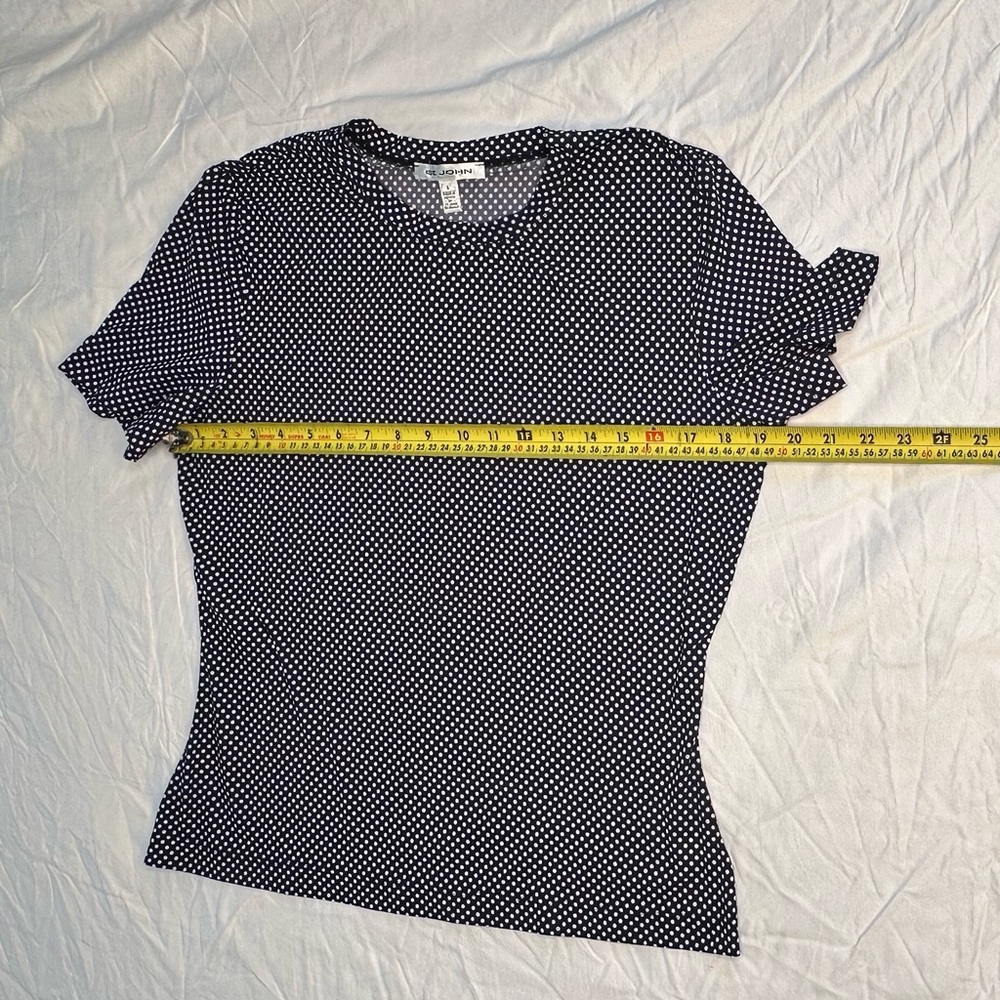 St. John Navy White Polka Dot Stretch Tee Top Size L Fitted Designer Quiet Lux - Picture 9 of 12